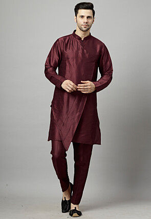 Solid Color Art Silk Layered Kurta Set in Wine