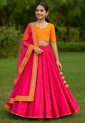 Plain Art Silk Lehenga in Fuchsia