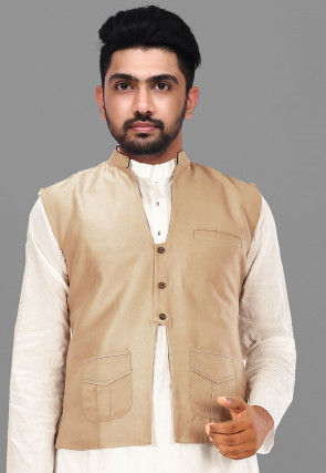 Solid Color Art Silk Nehru Jacket in Beige