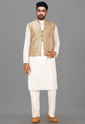 Solid Color Art Silk Nehru Jacket in Beige