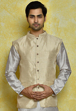 Solid Color Art Silk Nehru Jacket in Beige