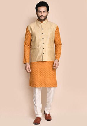 Solid Color Art Silk Nehru Jacket in Beige