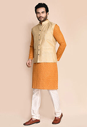 Solid Color Art Silk Nehru Jacket in Beige