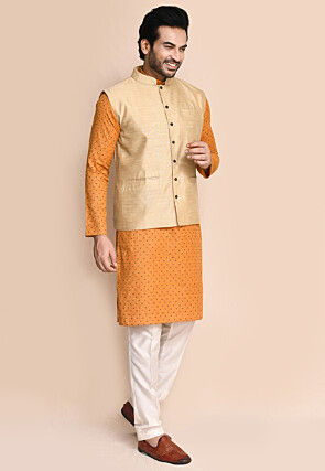 Solid Color Art Silk Nehru Jacket in Beige