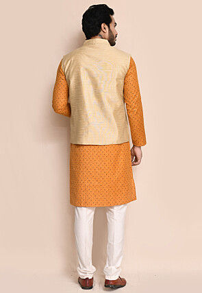 Solid Color Art Silk Nehru Jacket in Beige