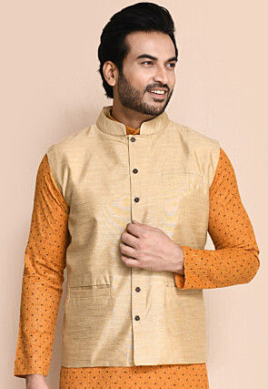 Solid Color Art Silk Nehru Jacket in Beige