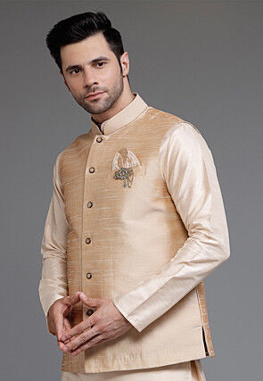 Solid Color Art Silk Nehru Jacket in Beige