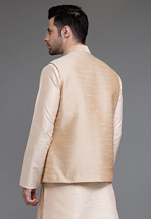 Solid Color Art Silk Nehru Jacket in Beige