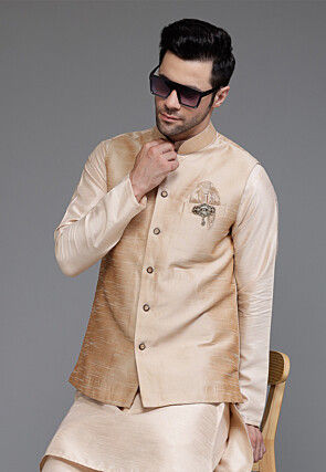 Solid Color Art Silk Nehru Jacket in Beige