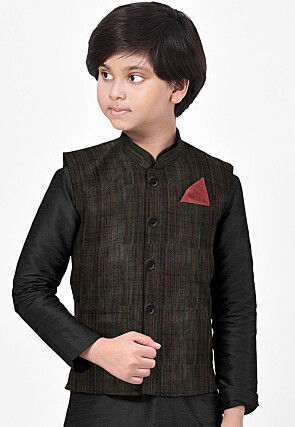 Solid Color Art Silk Nehru Jacket in Black