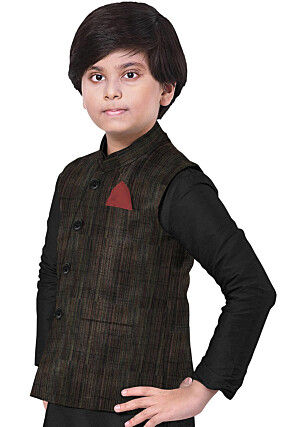 Solid Color Art Silk Nehru Jacket in Black