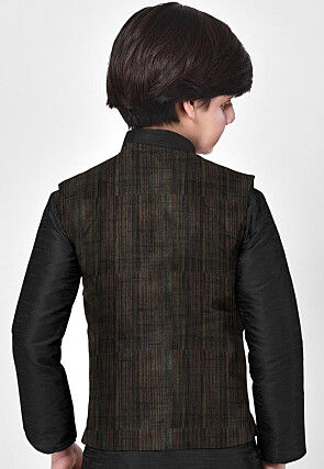 Solid Color Art Silk Nehru Jacket in Black