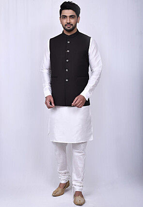 Solid Color Art Silk Nehru Jacket in Dark Brown