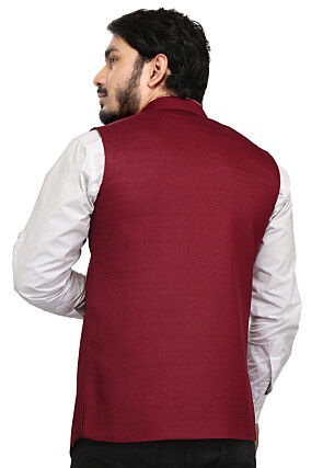 Solid Color Art Silk Nehru Jacket in Maroon