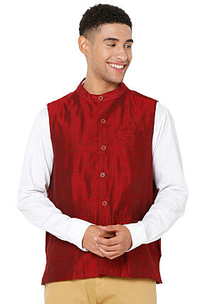 Solid Color Art Silk Nehru Jacket in Maroon