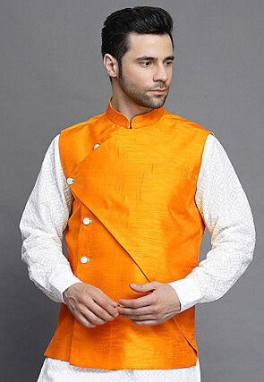 Solid Color Art Silk Nehru Jacket in Mustard