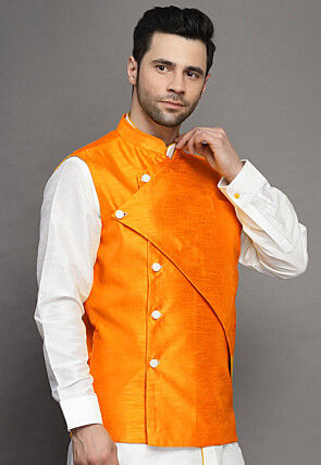 Solid Color Art Silk Nehru Jacket in Mustard