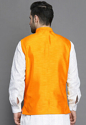 Solid Color Art Silk Nehru Jacket in Mustard