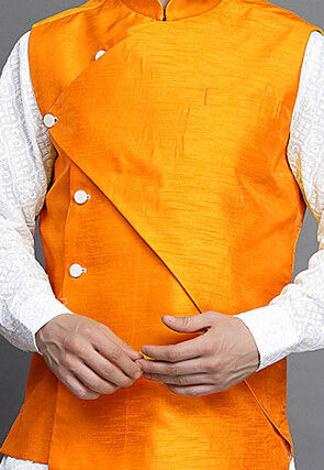 Solid Color Art Silk Nehru Jacket in Mustard