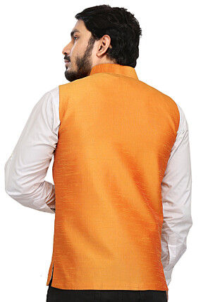 Solid Color Art Silk Nehru Jacket in Orange