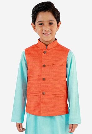 Solid Color Art Silk Nehru Jacket in Orange