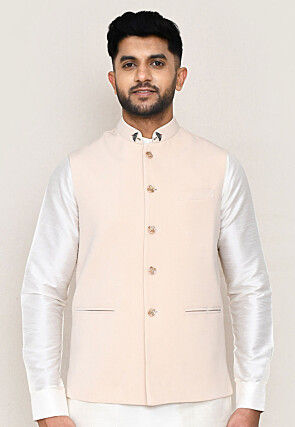 Solid Color Art Silk Nehru Jacket in Peach