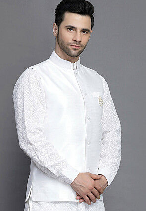 Solid Color Art Silk Nehru Jacket in White