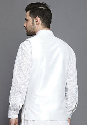Solid Color Art Silk Nehru Jacket in White