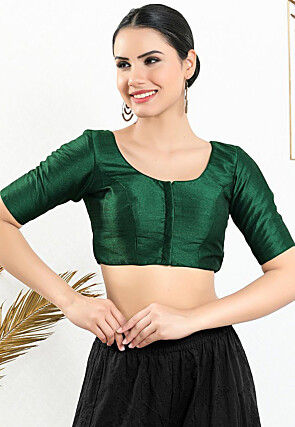 Solid Color Art Silk Blouse in Dark Green