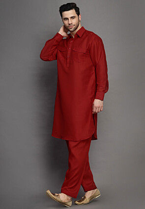 Solid Color Art Silk Paithani Suit in Maroon