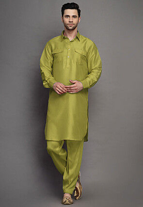 Solid Color Art Silk Paithani Suit in Olive Green