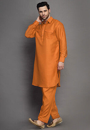 Solid Color Art Silk Paithani Suit in Orange
