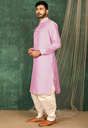 Solid Color Art Silk Pathani Suit in Pink