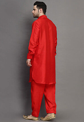 Solid Color Art Silk Paithani Suit in Red