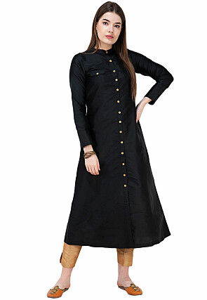 Solid Color Art Silk Pakistani Suit in Black