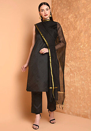 Solid Color Art Silk Pakistani Suit in Black