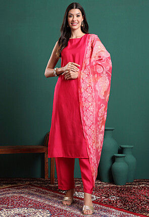 Solid Color Art Silk Pakistani Suit in Fuchsia