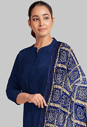 Solid Color Art Silk Pakistani Suit in Indigo Blue