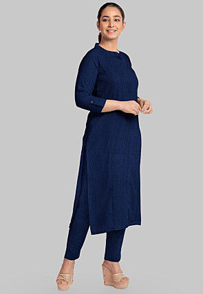 Solid Color Art Silk Pakistani Suit in Indigo Blue