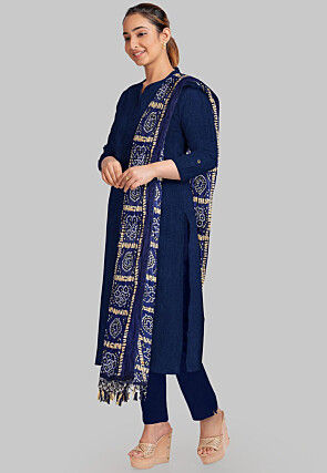 Solid Color Art Silk Pakistani Suit in Indigo Blue