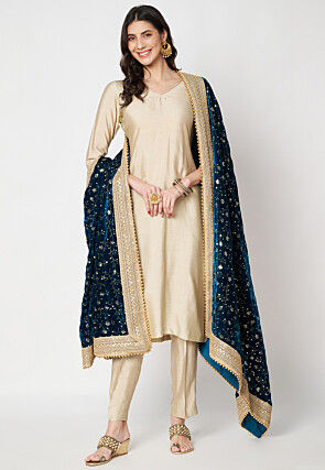 Solid Color Art Silk Pakistani Suit in Light Beige