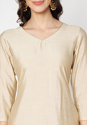 Solid Color Art Silk Pakistani Suit in Light Beige