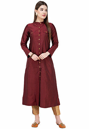 Solid Color Art Silk Pakistani Suit in Maroon