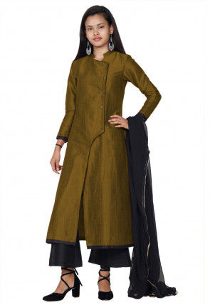 Solid Color Art Silk Pakistani Suit in Olive Green