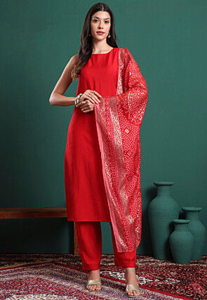 Solid Color Art Silk Pakistani Suit in Red