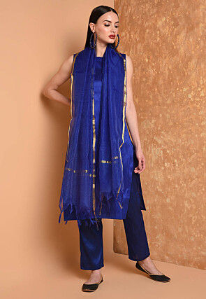 Solid Color Art Silk Pakistani Suit in Royal Blue