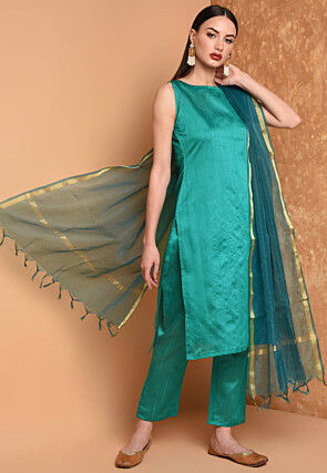 Solid Color Art Silk Pakistani Suit in Teal Green