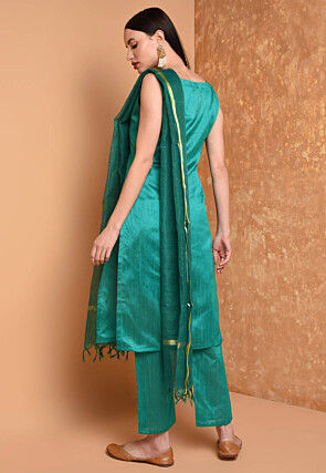 Solid Color Art Silk Pakistani Suit in Teal Green