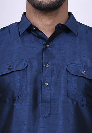 Solid Color Art Silk Pathani Suit in Dark Blue