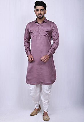 Solid Color Art Silk Pathani Suit in Dusty Purple